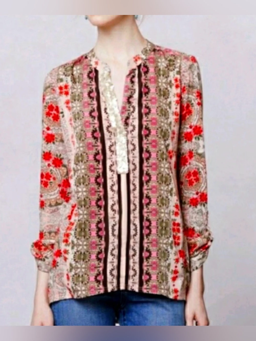 Tiny by Anthropologie Striped Multicolor Mixed-Print Blouse - Size XS